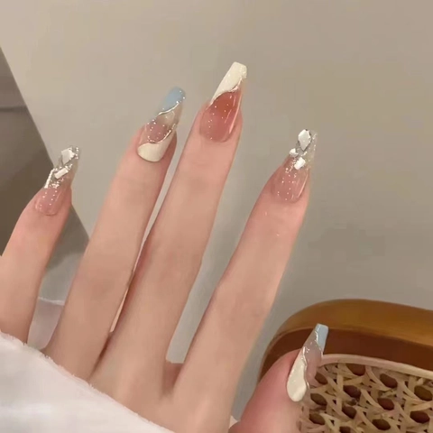 Uñas Postizas Largas Coffin A Presión Estilo Francés Degradado Azul Crema Rosa Pedrería Brillo Uñas Artificiales