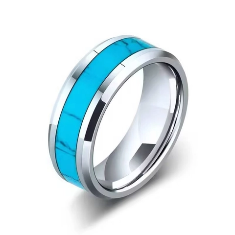 Men Stainless Steel Turquoise Shell Inlay Polished Band Ring European Fashion Commute Finger Jewelry Accessory For Gift