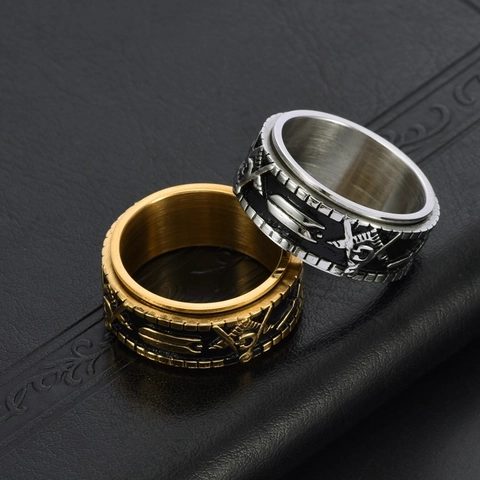 Heren Vintage Vrijmetselarij Spinner Ring Titanium Staal Roterend Vrijmetselarij Vierkant Kompas Punk Emaille Ring Sieraden