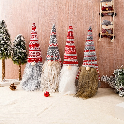Kerstkabouter Wijn Decoratie Gebreid Gezichtsloze Oude Man Lange Baard Noords Patroon Feestelijke Tafelversiering
