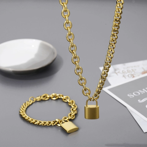 Chunky Cuban Link Necklace And Bracelet Stainless Steel Padlock Pendant Punk Hip Hop Unisex Fashion Jewelry Accessories