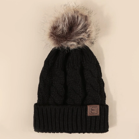 Cable Knit Beanie Hat With Large Faux Fur Pom Pom Warm Soft Thick Winter Cap Leather Patch Decorative For Men Women