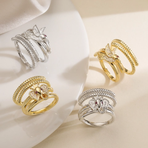 Verstellbarer Tierring Kupfer Zirkon Elefant Vogel Gold Silber Plattiert Mode Retro Schmuck Damen