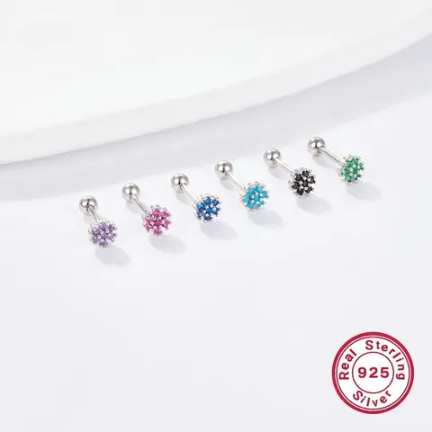 Flower Stud Earrings 925 Sterling Silver Colorful Cubic Zirconia Tiny Floral Screw Back Jewelry For Women Girls