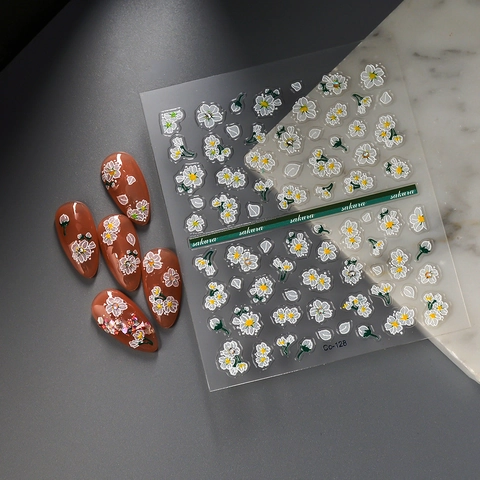5D Relief Nagelkunst Aufkleber 3D Geprägte Weiße Sakura Blumen Decals Selbstklebend Wasserdicht Transparent Maniküre Dekor