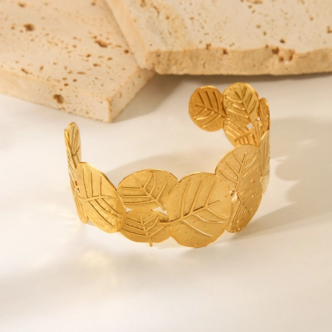 Vintage Vergulde 304 Roestvrijstalen Blad Manchet Armband Voor Dames Verstelbare Open Bangle Boheemse Sieraden Waterdicht
