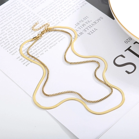 Minimalist Stainless Steel Layered Necklace For Women Gold Plated Snake And Box Chain Adjustable Vintage French Jewelry