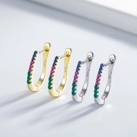 Orecchini A Cerchio In Argento Sterling 925 Con Zirconi Cubici Colorati Arcobaleno A Forma Di U Per Donna Placcati Oro 14K