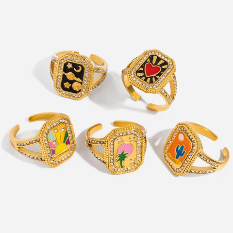 Signet Ring Gold Plated Stainless Steel Enamel Heart Star Moon Pattern Rectangular Zirconia Waterproof Jewelry Women