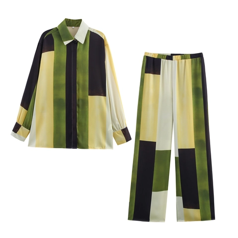 Damen Satin Geometrischer Druck Langarm Hemd Und Weites Bein Hose Top Und Bottom Elegant Freizeit Kleidung Set