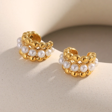 Ear Cuffs En Forme De C Acier Inoxydable Plaqué Or 18K Imitation Künstliche Perle Multi-Couches Clips D'Oreille Pour Femmes