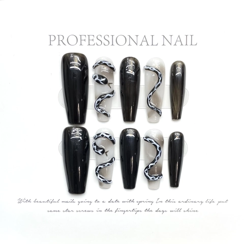 Handmade Press On Nails 3D Snake Pattern Gradient Coffin Shape Glossy Artistic Y2K Style Manicure Accessories