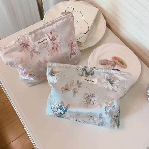 Elegante Beauty Case In Jacquard Floreale Vintage Fodera In Tela Pochette Da Trucco Organizzatore Giornaliero Da Viaggio