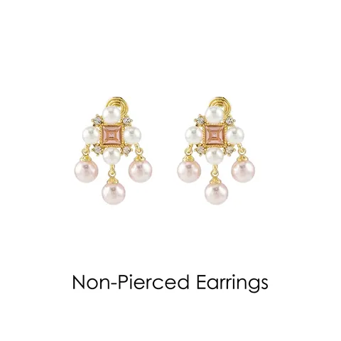 French Retro Faux Artificial Pearl Dangle Earrings Pink Square Crystal Rhinestone Alloy Elegant Jewelry For Women