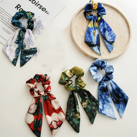Künstlerischer Druck Scrunchie Haargummi KunstSatin Satin Lange Bänder Schleife Französisch Retro Kopfschmuck Damen