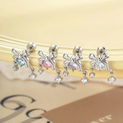 Pendientes De Botón Con Lazo Colgante Acero De Titanio Circonita Helix Piercing Cierre De Rosca Joyería Dulce Para Mujeres