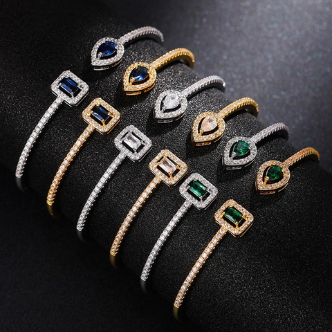 Koperen Zirkonia Verstelbare Armband Open Manchet Elegant Sieraad Met Peer En Rechthoekige Steen