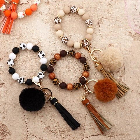 Böhmischer Silikonperlen Armband Schlüsselanhänger Für Damen Mit Kunstfell Pompon Und Quaste Gold Legierung Schlüsselring Armband