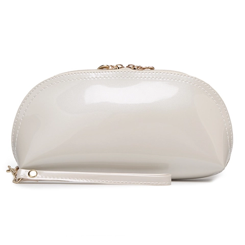 Shell Shaped Patent Leather Makeup Bag With Glitter Sequin Wristlet Strap Cosmetic Pouch For Women Daily Use