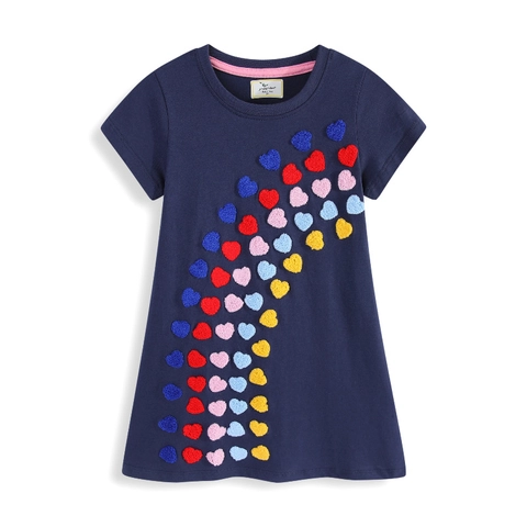 Girls Combed Cotton Short Sleeve Dress Navy Blue Heart Chenille Embroidery Princess Style Summer Casual Outfit For Toddlers