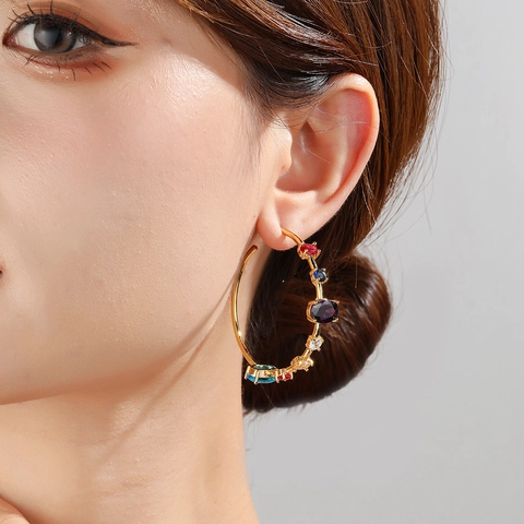 Women 18K Gold Plated Brass Hoop Earrings With Colorful Cubic Zirconia Exaggerated Fashion C Shaped Geometric Jewelry