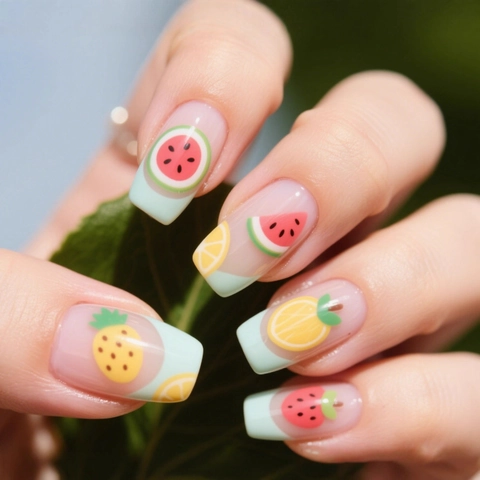 Uñas Postizas A Presión De Frutas De Verano ABS Cuadradas Francesas Patrón De Sandía Limón Para Mujer