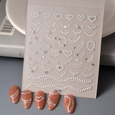 5D Relief Nagelaufkleber Künstliche Perlentextur Stereoskopisch Herz Wellenlinie Strasssteine Selbstklebende Maniküre Dekore Damen