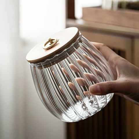 Barattolo In Vetro Borosilicato A Righe Coperchio In Legno Manico Ad Anello In Metallo Dorato Ermetico Trasparente Tè
