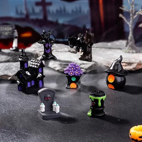 Ornements Miniatures Halloween Résine Micro Paysage Figurine Citrouille Fantôme Crâne Momie Maison Hantée Bureau