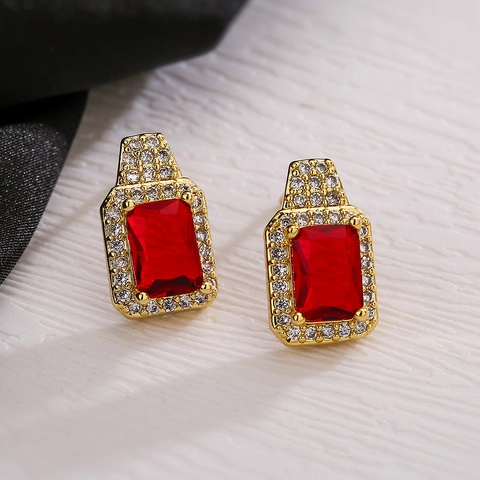 Rectangle CZ Stud Earrings Copper Real Gold Plated Halo Square Zircon Jewelry For Women INS Luxury Style
