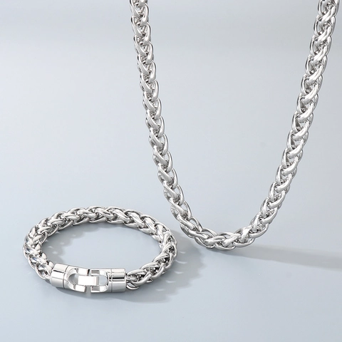 Collar Y Pulsera De Acero Inoxidable Cadena Trenzada De Trigo Hip Hop Tendencia Moda Hombre Joyas De Metal Pulido Accesorios