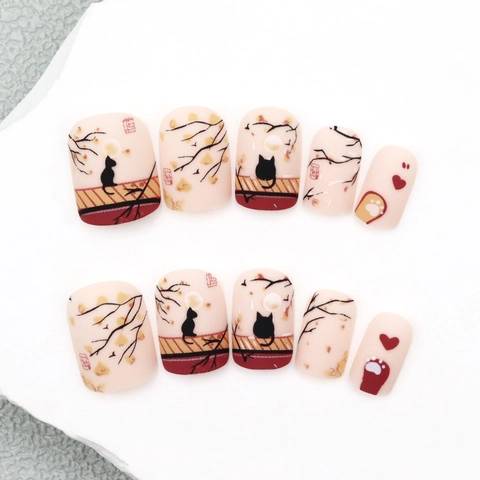 Vintage Chinese Style Press On Nails Matte Short Square Artificial Nails Black Cat Moon Silhouette Design