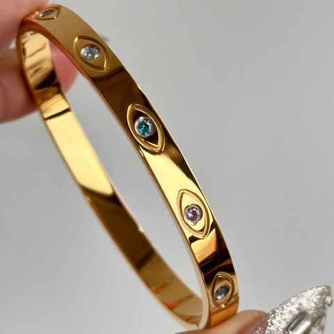 Evil Eye Bangle Bracelet 18K Gold Plated Stainless Steel Colorful Zircon Inlaid Jewelry For Women