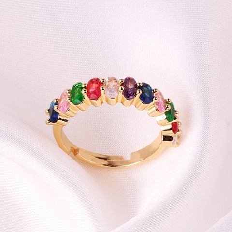 Elegant Women Adjustable Copper Ring With Oval Cut Colorful Zircon Inlaid Real Gold Plated Fashion Jewelry Accessory