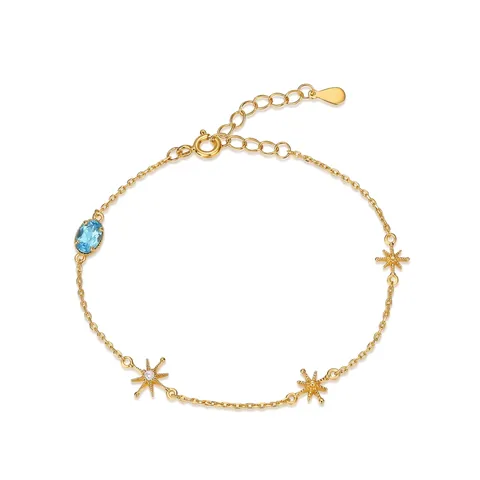 925 Sterling Silver Gold Plated Bracelet For Women Swiss Blue Topaz Zirconia Star Pendant Elegant Adjustable Link Bracelet Jewelry