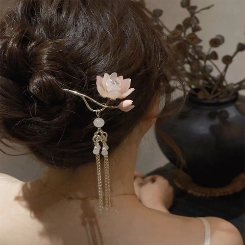 Pasador De Pelo Flor De Loto Brillante Aleación Borla Larga Chino Hanfu Vintage Horquilla Accesorio Para Mujeres