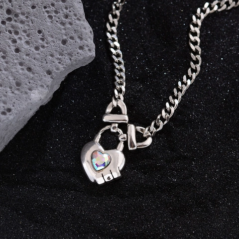 Collier Vintage en Cuivre Plaqué Argent Avec Pendentif Serrure Cœur Strass Irisé Nœud Chaîne Gourmette Bijoux Femme