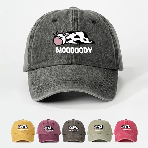 Gorra De Béisbol De Algodón Lavado Dibujos Animados Vaca MOOOOODY Estampado Vintage Ajustable Sombrero Sol Ala Curva Exterior