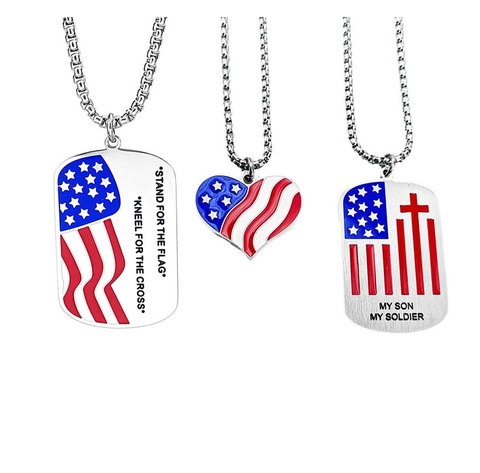 American Flag Pendant Necklace 304 Stainless Steel Dog Tag Heart Shape Patriotic Military Son Gift Jewelry