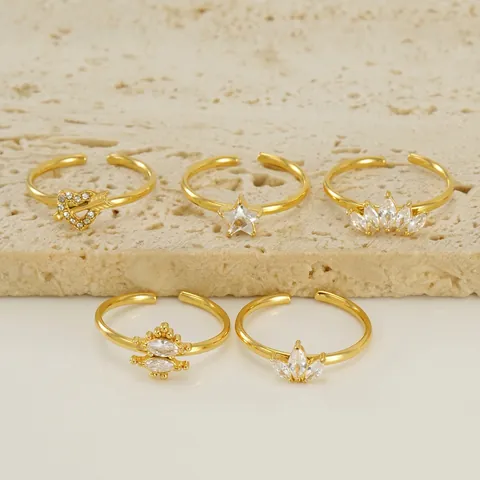 Star Heart Leaf Crown Zircon Inlaid Stainless Steel Adjustable Open Ring 18K Gold Plated Fashion Jewelry For Women