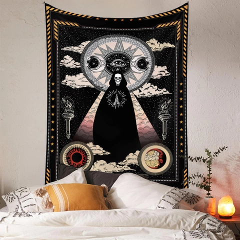 Arazzo Da Parete Scheletro Mistico Poliestere Gotico Luna Stelle Occhio Che Tutto Vede Per Decorazione Camera Soggiorno