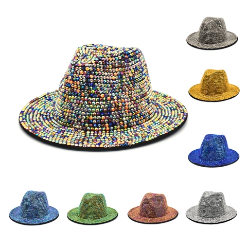 Rhinestone Fedora Hat Sparkling Studded Wool Felt Wide Brim Jazz For Stage Party Performance Unisex Vintage Style
