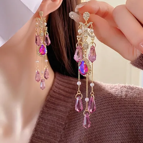 Long Tassel Dangle Earrings Pink Crystal Rhinestone Artificial Pearl Alloy With Silver Earring Post Vintage Luxury Women