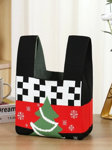 Borsa In Maglia Di Natale Poliestere Motivi Festivi Renna Babbo Natale Borsa A Mano Casual Sacchetti Regalo Per Donne