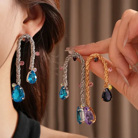 Pendientes Vintage Tejidos Oro Gota De Agua Cristales Morados Rhinestones Y Silver Earring Post Joyería Para Mujeres