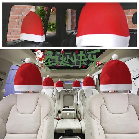 Copri Poggiatesta Auto a Forma di Cappello di Babbo Natale Rosso Bianco Tessuto Spazzolato Decorazione Natalizia Interni Auto Ornamento Natalizio