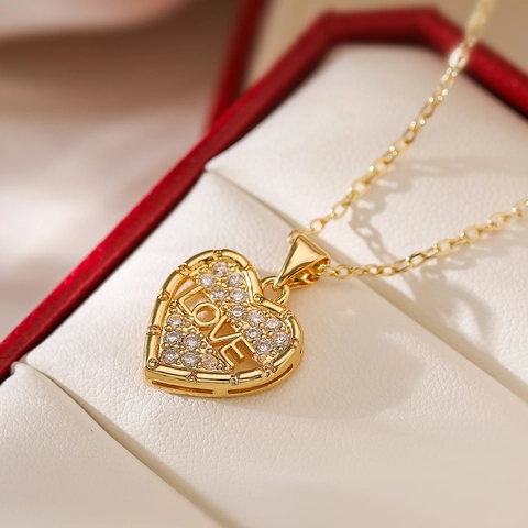 Herzanhänger Halskette Kupfer 18K Vergoldet Zirkon Wabe LOVE Schlüsselbein Kette Schmuck Für Damen