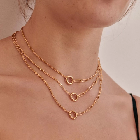 Mode Goldene Halskette Armband Schmuck Für Frauen Kupfer 18K Vergoldet Büroklammer Kette Mehrlagig Mit Offenem Biegering