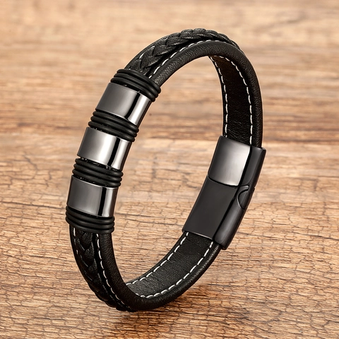 Geflochtenes Lederarmband Für Herren Mit Magnetverschluss Aus Edelstahl Trendiger Schmuck Mit Metallringen