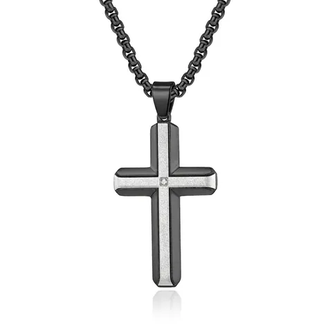 Collana con Pendente a Croce in Acciaio Inossidabile da Uomo Texture Satinata con Strass Incastonati Gioielli Religiosi di Moda Oro Acciaio Nero